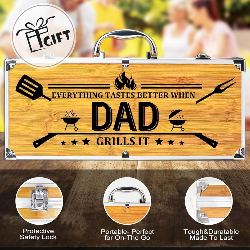 LEWARAN Dad Gifts from Daughter Son, Dad Grilling Birthday Gift Heavy Duty Wooden BBQ Grilling Accessories Kit for Backyard, Thick Stainless Steel Grill Utensils with Non-Slip Handle Tools in Portable Bag - Image 4
